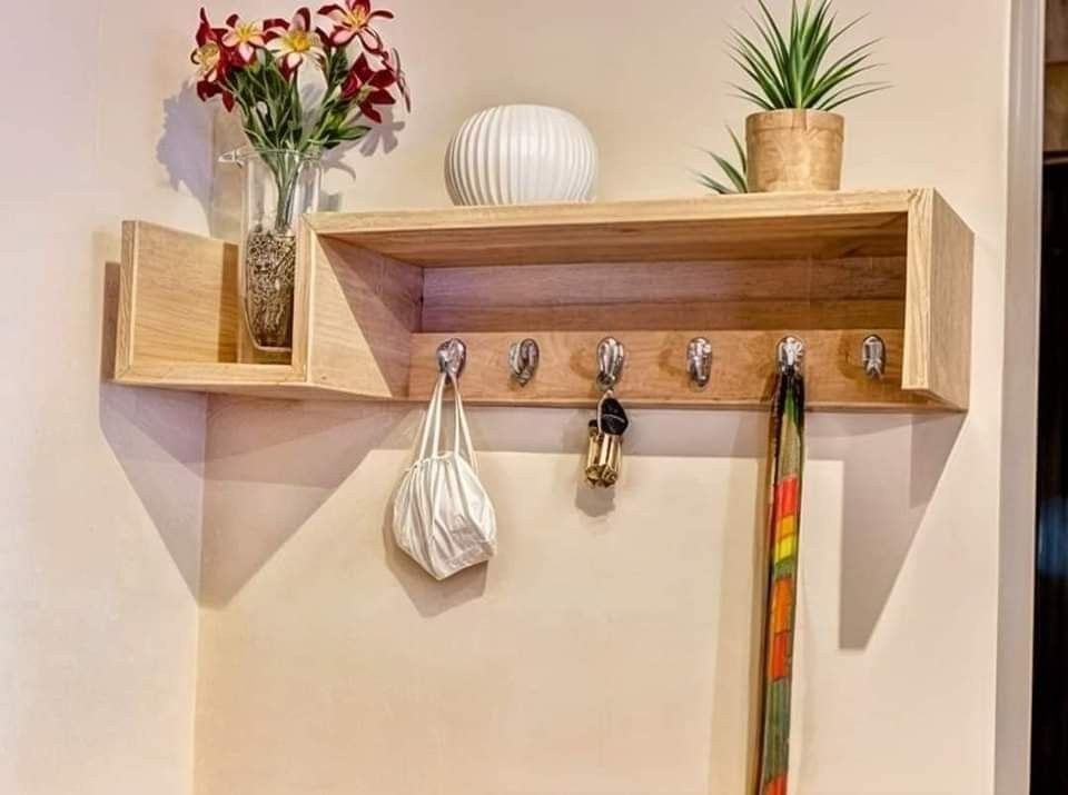 رف جداري معلق متعدد الوظائف،حامل مفاتيح خشبي