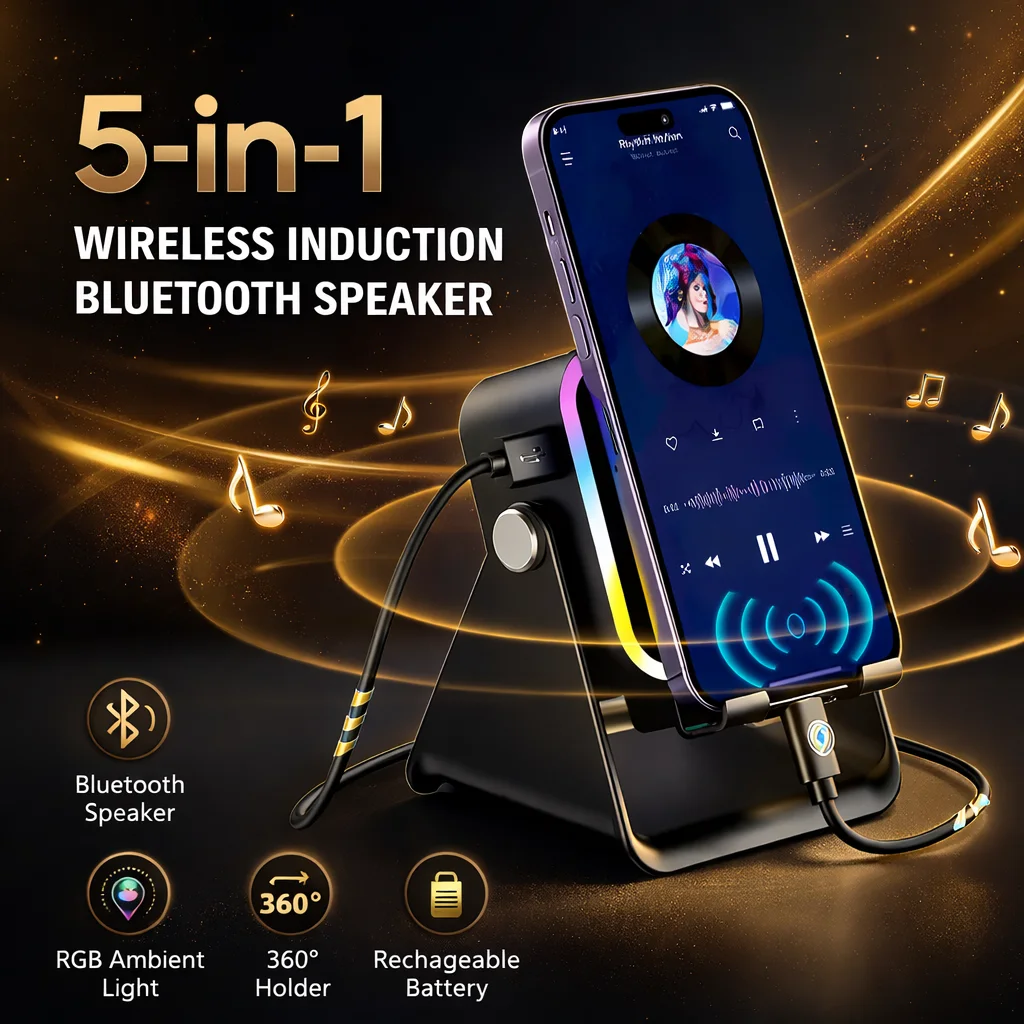 مكبر صوت بلوتوث متعدد الوظائف مع حامل هاتف وإضاءة RGB
