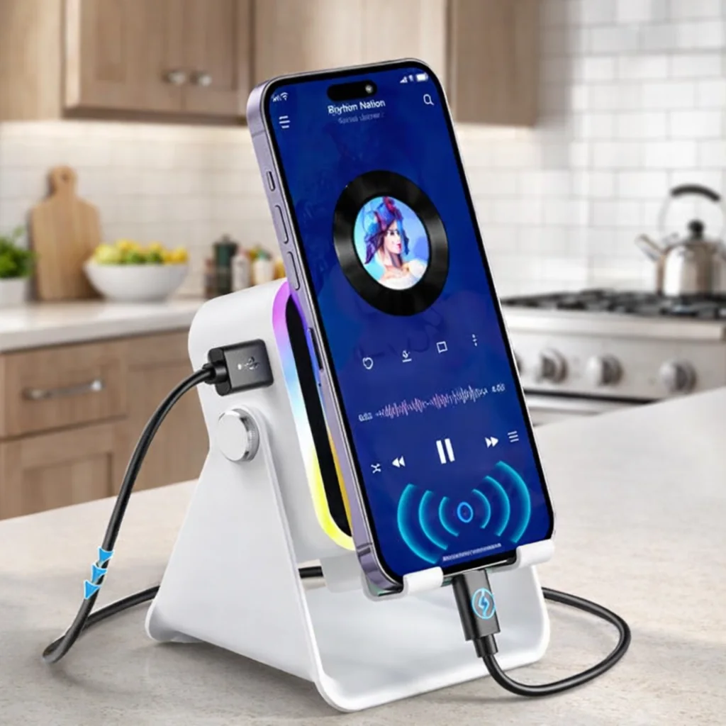 مكبر صوت بلوتوث متعدد الوظائف مع حامل هاتف وإضاءة RGB