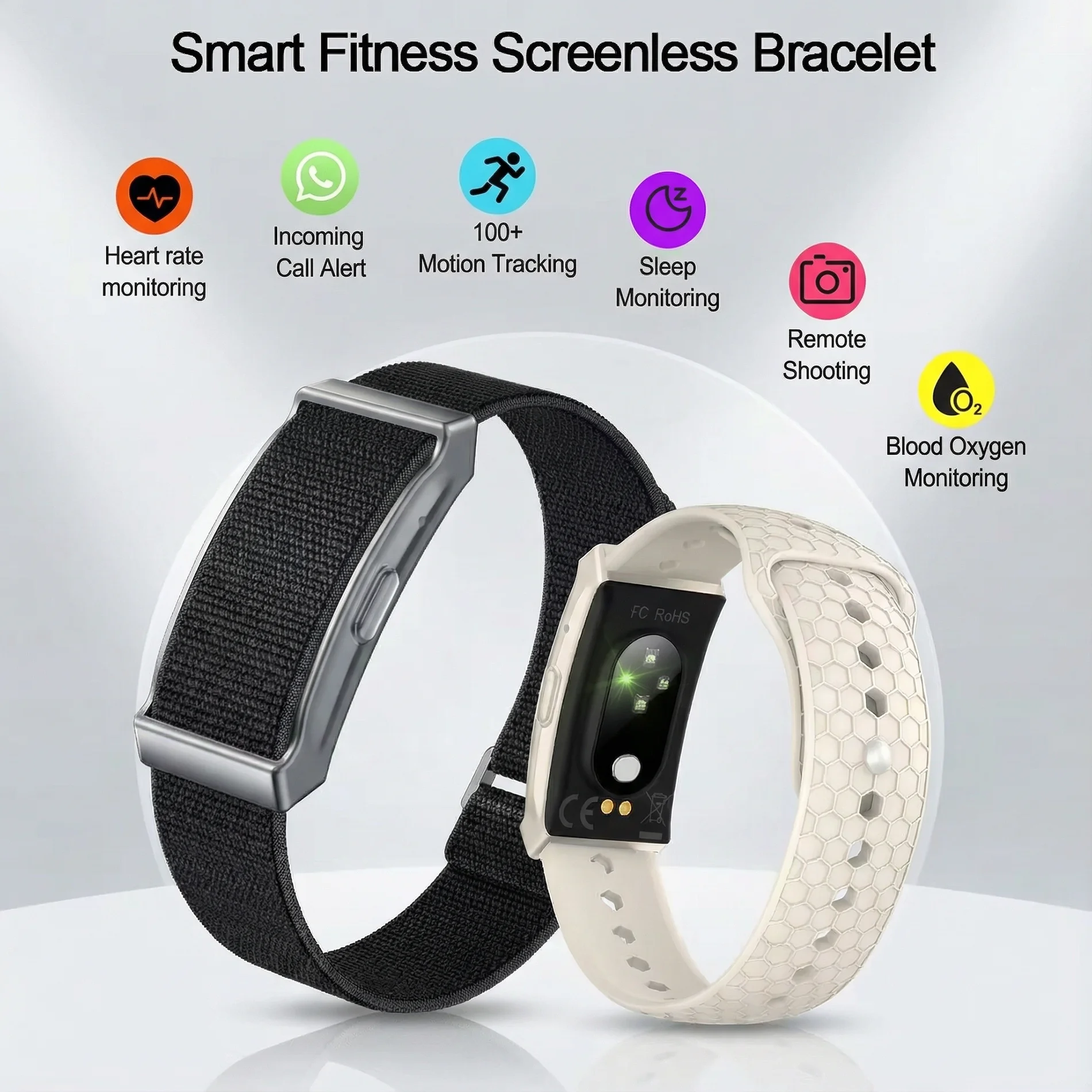 Montre connectée G69 sans écran, autonomie de 40 jours, moniteur de fréquence cardiaque et d'oxygène sanguin, suivi du sommeil, modes multisports, étanche IP68 - Noire (silicone)
