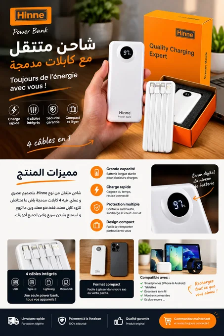 Power Bank Hinne – 4 câbles intégrés