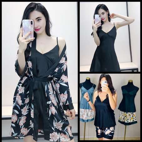 Ensemble de pyjama en satin 5 pièces à motif floral, couleur Noir .