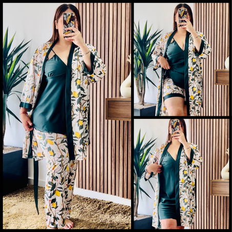 Ensemble de pyjama en satin 5 pièces à motif floral, couleur verte.