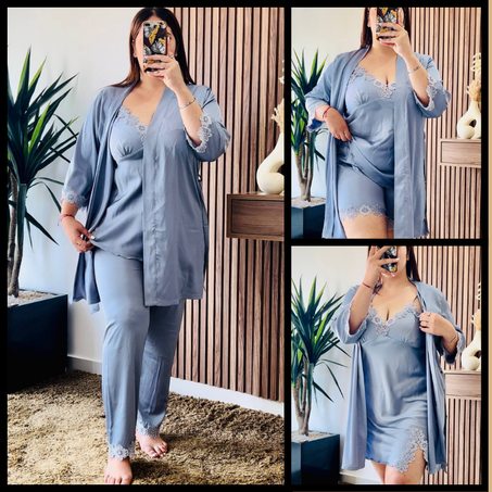 Ensemble de pyjama en satin 5 pièces, couleur grise.