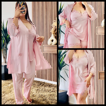 Ensemble de pyjama en satin 5 pièces, couleur rose.