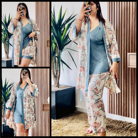 Ensemble de pyjama en satin 5 pièces à motif floral, couleur grise.