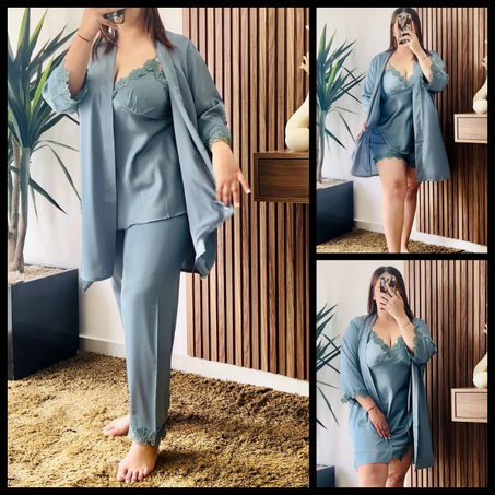 Ensemble de pyjama en satin 5 pièces, couleur verte