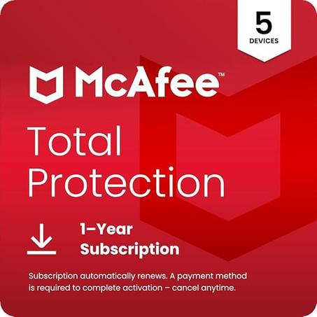 McAfee Protección total 2023 + configuración de nuevo dispositivo | Exclusivo de Amazon | 5 dispositivos | Software de seguridad de Internet antivirus | VPN, administrador de contraseñas, mon