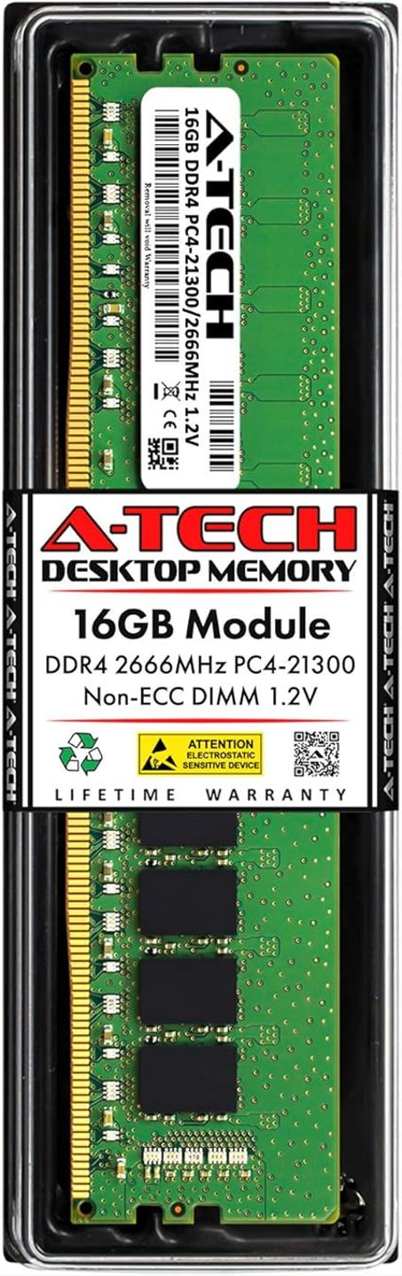 A-Tech 16GB DDR4 2666 MHz UDIMM PC4-21300 (PC4-2666V) CL19 DIMM Non-ECC Módulo de memoria RAM de escritorio