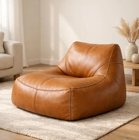 Handcrafted Moroccan Leather Pouf Chair, Ergonomic Lounge Seat, Tan Genuine Leather
