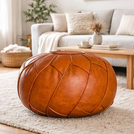 Handmade Round Moroccan Leather Pouf Ottoman caramel Genuine Leather Floor Cushion Boho Footstool Living Room Home Decor