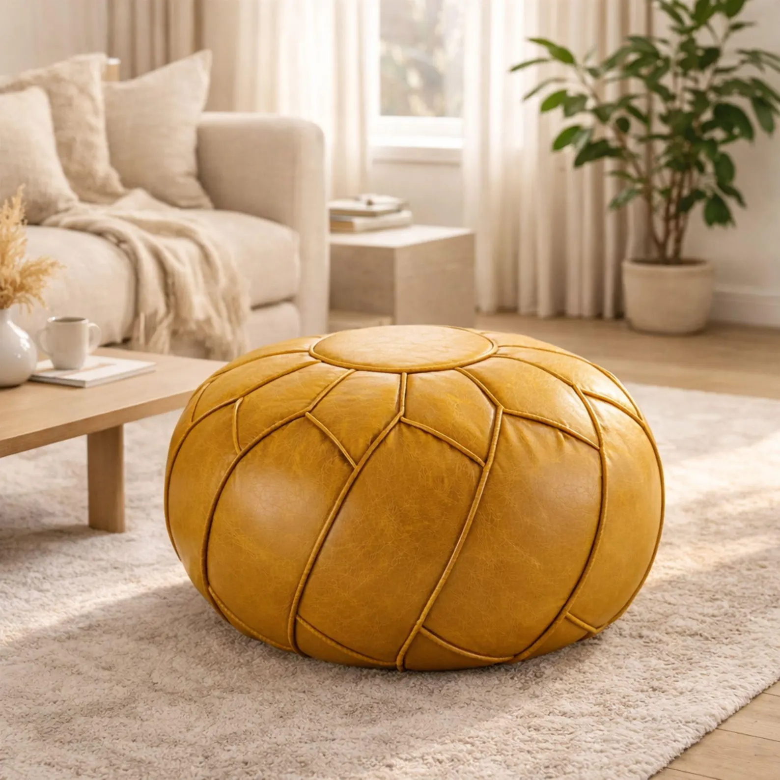 Handmade mustard Leather Pouf Ottoman Round Moroccan Floor Seating Footstool Boho Modern Living Room Decor Genuine Leather