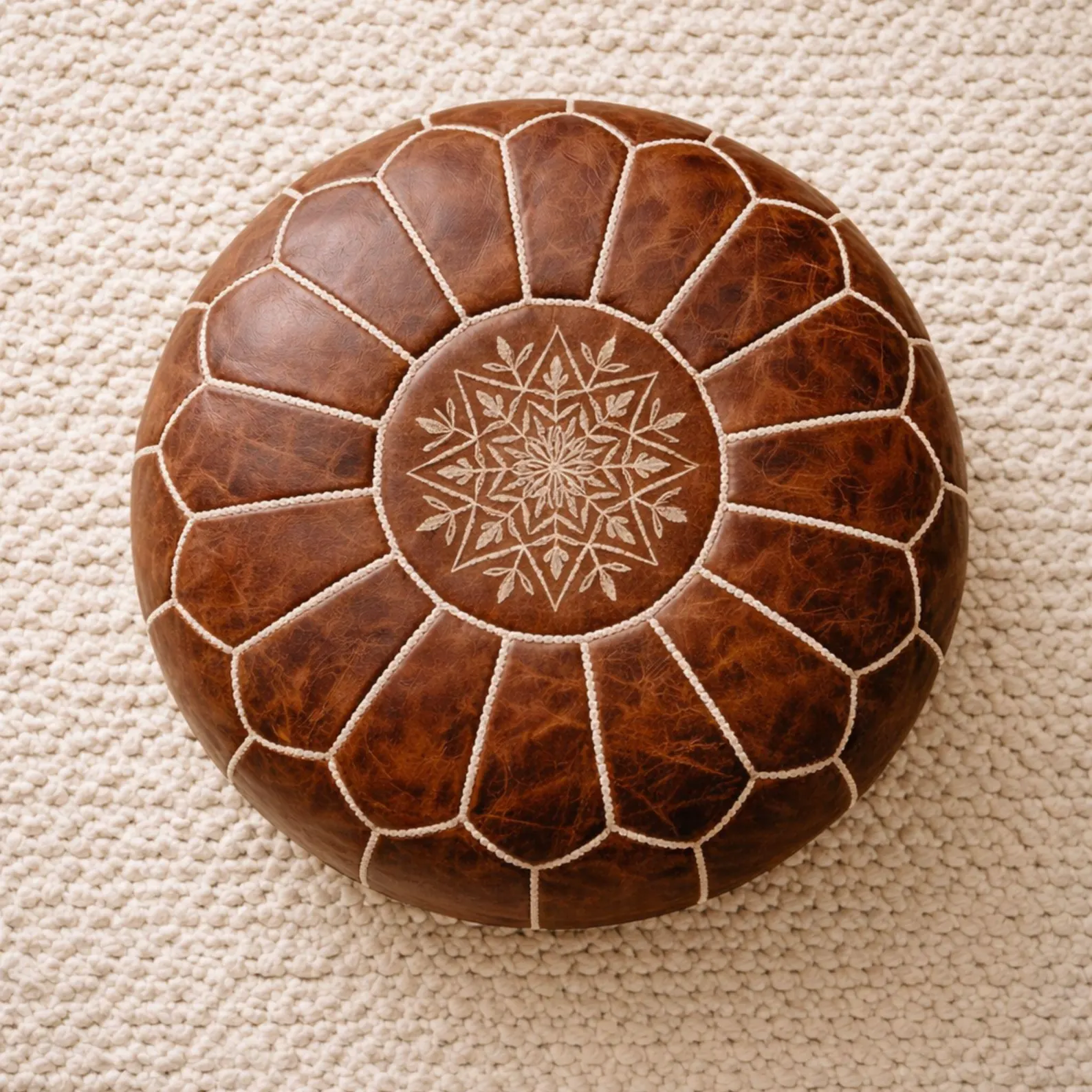 Moroccan Leather Pouf Ottoman, Handmade Brown Round Floor Cushion, Embroidered Boho Footstool, Living Room Home Decor, Gift Idea