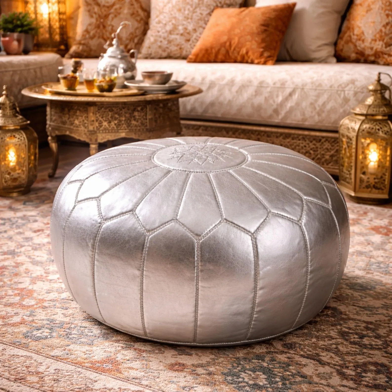Silver Moroccan Leather Pouf - Handmade Round Ottoman - Genuine Leather Footstool & Coffee Table - Unstuffed Floor Cushion from Marrakech