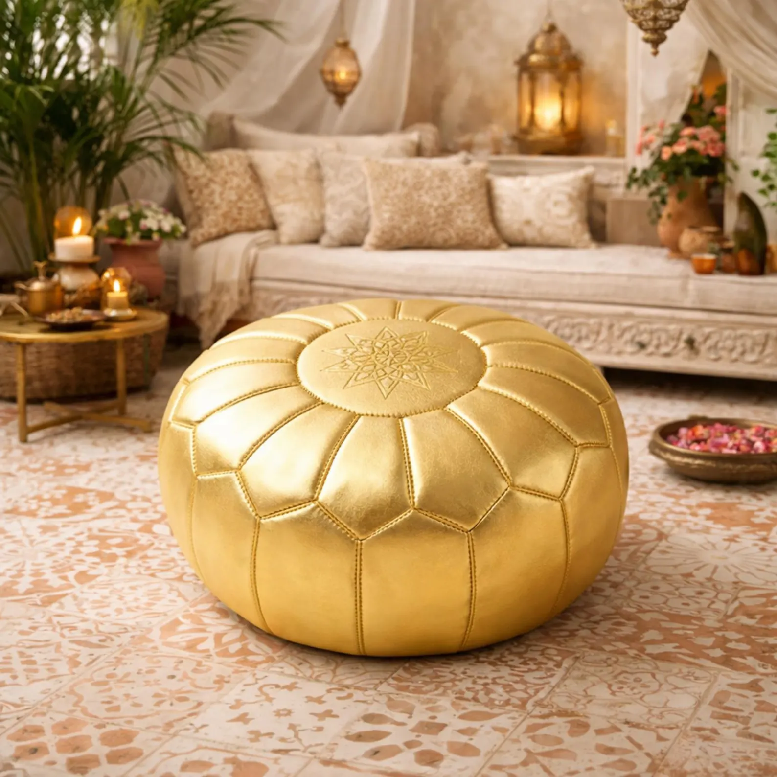 Handmade gold Leather Pouf Ottoman Round Moroccan Floor Seating Footstool Boho Modern Living Room Decor Genuine Leather