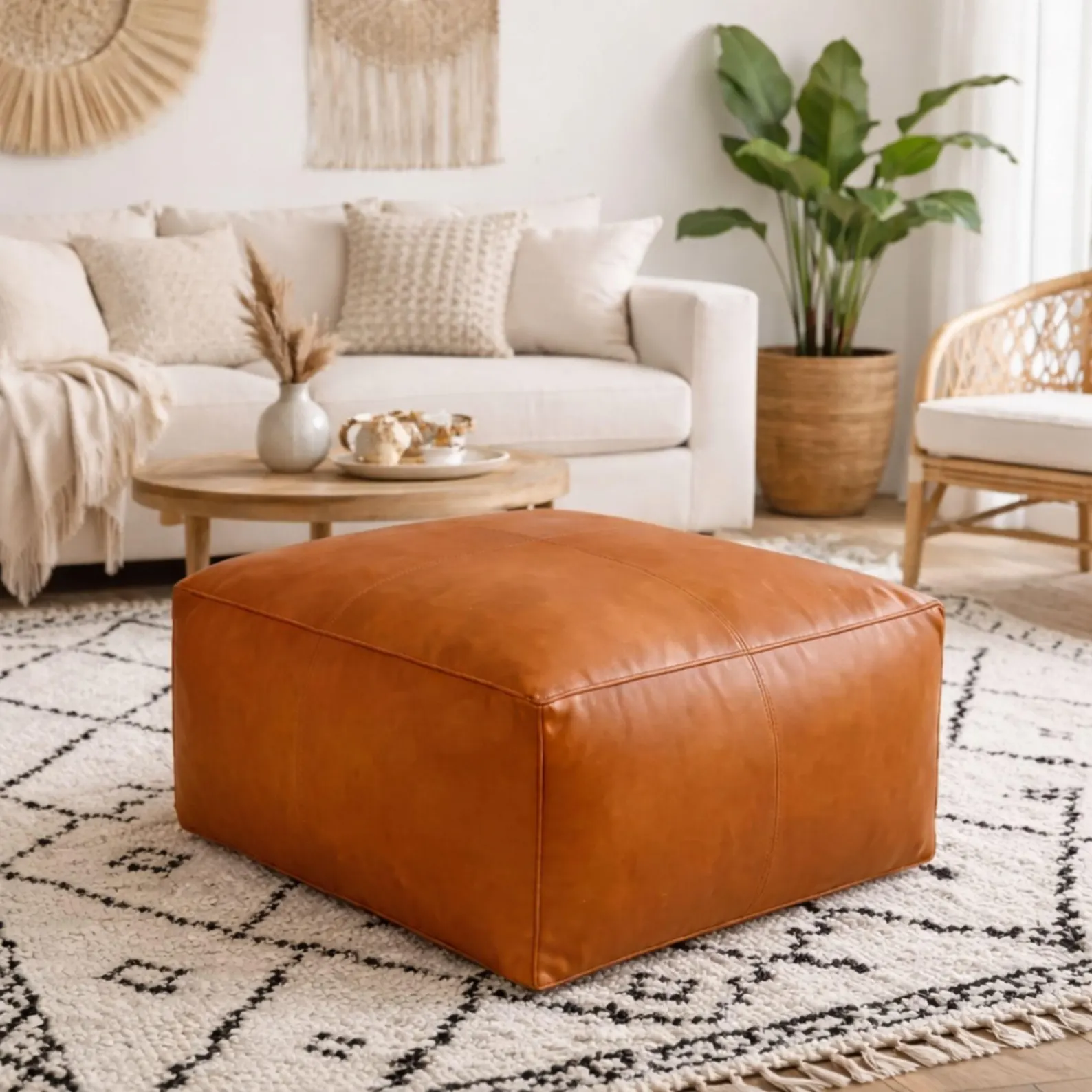 Moroccan Leather Pouf Ottoman, Handmade Square Footstool, Cognac Leather Ottoman, Boho Living Room Decor, Footrest, Coffee Table Pouf