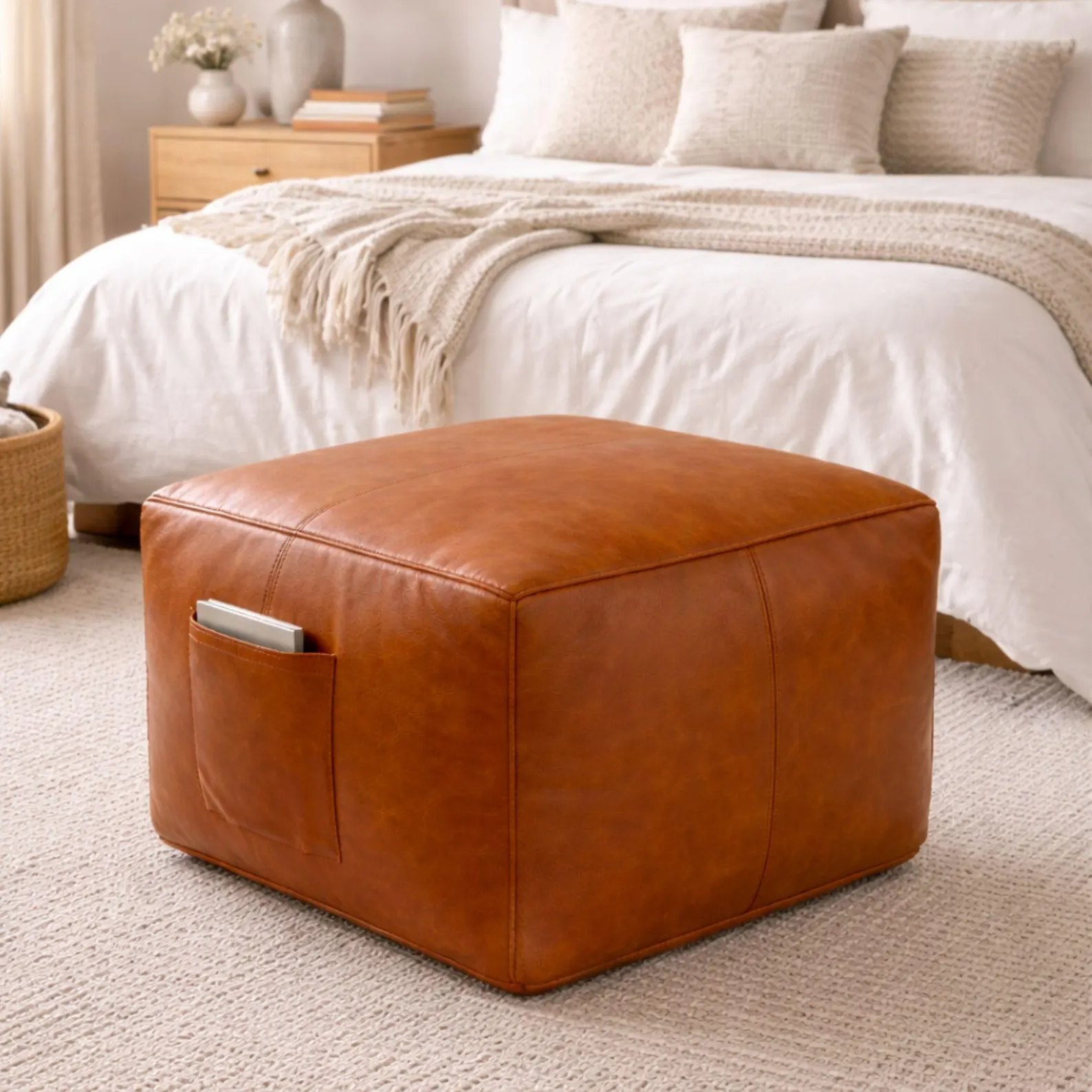 Square Moroccan Leather Pouf- Handmade Tan Ottoman with Side Pocket, Unstuffed Floor Cushion, Cognac Leather Footstool & Coffee Table.