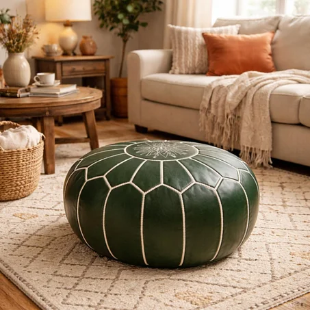 Handmade Green Leather Pouf Ottoman Round Moroccan Floor Seating Footstool Boho Modern Living Room Decor Genuine Leather