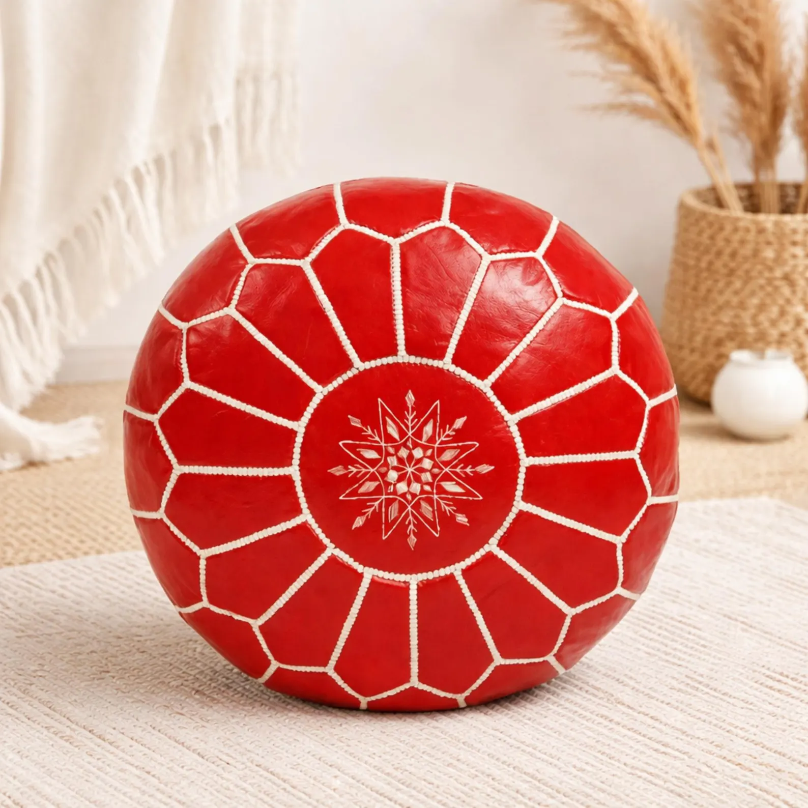 Handmade Round Moroccan red Leather Pouf Ottoman Genuine Leather Footstool Coffee Table Unstuffed Floor Seating Living Room