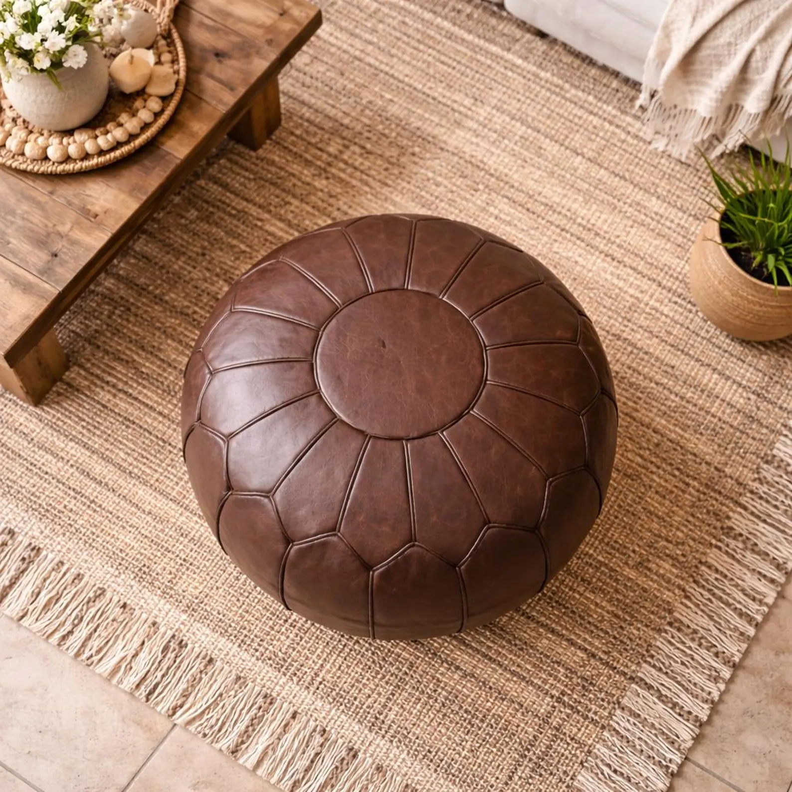Moroccan Leather Pouf, Handmade Round Leather Ottoman, Brown Leather Footstool, Dark Brown Hassock Coffee Table