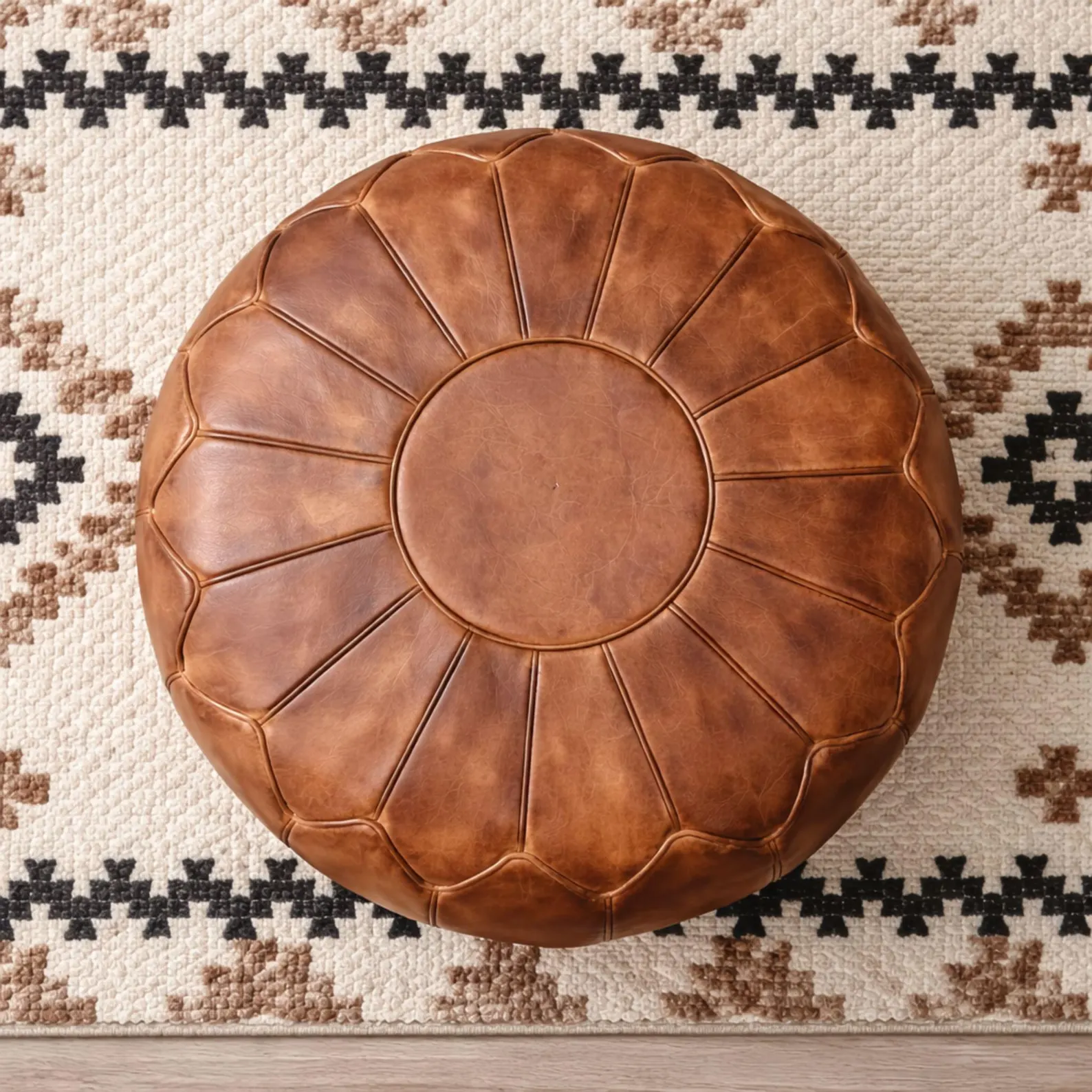 Handmade brown Moroccan Leather Pouf Ottoman Genuine Leather Round Footstool Floor Seating Unstuffed