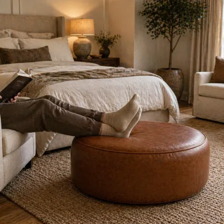 Handmade Round Moroccan Brown Leather Pouf Ottoman – Genuine Leather Footstool, Unstuffed Coffee Table, Minimalist Floor Seating