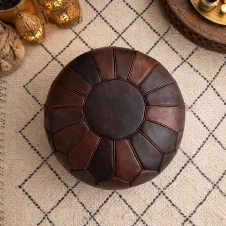 Handmade chocolate brown Moroccan Leather Pouf Ottoman Genuine Leather Round Footstool Floor Seating Unstuffed