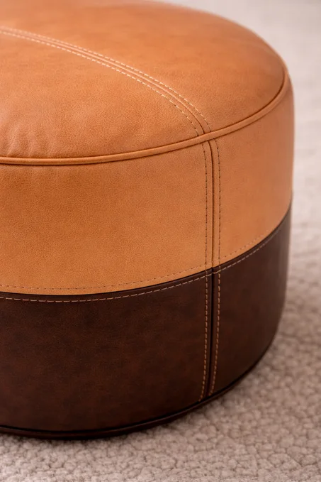 Moroccan Leather Pouf Ottoman, Two-Tone Footstool, Boho Home Decor, Unstuffed