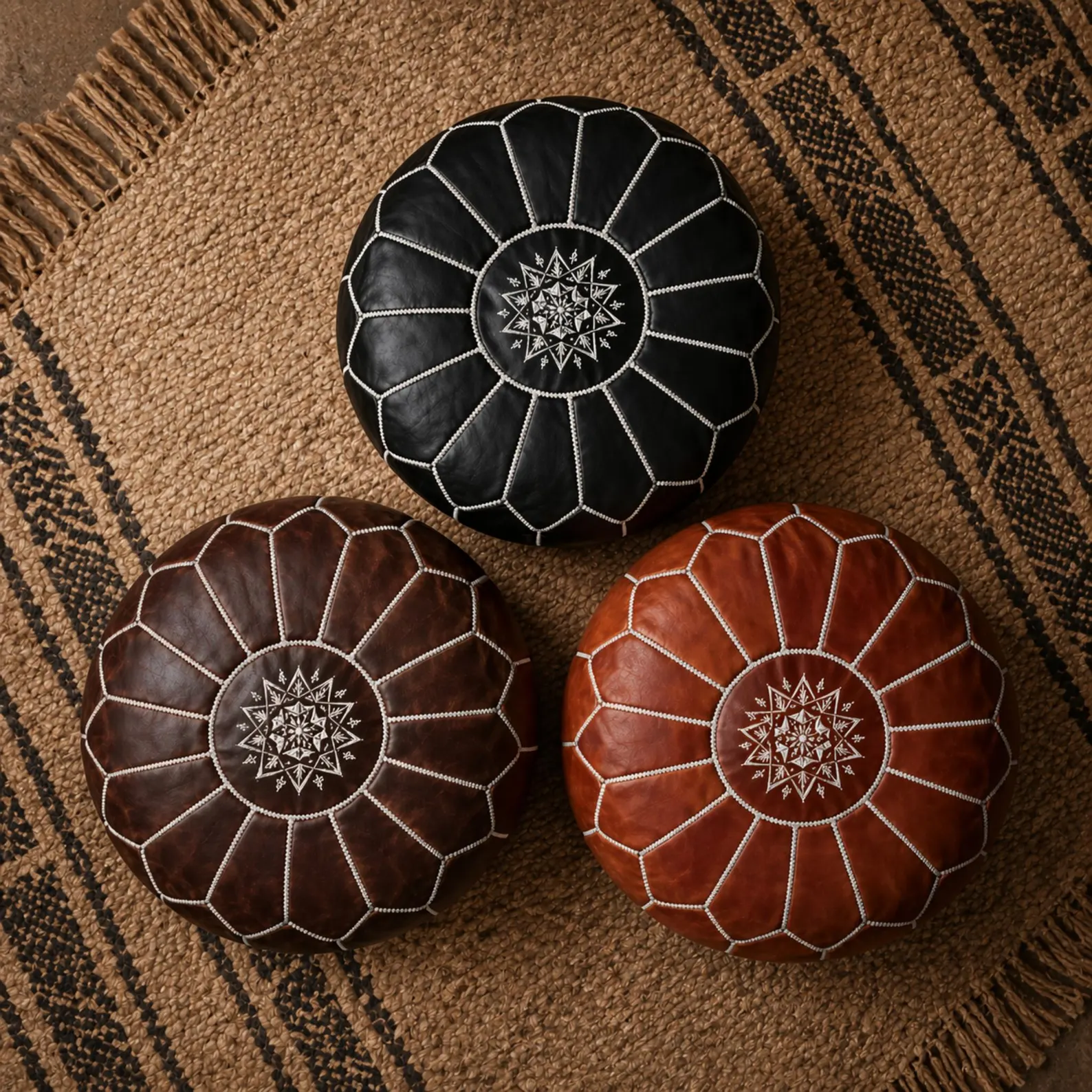Moroccan Leather Pouf Ottoman Handmade | Genuine Leather Floor Cushion | Boho Ottoman Footstool | Living Room Decor