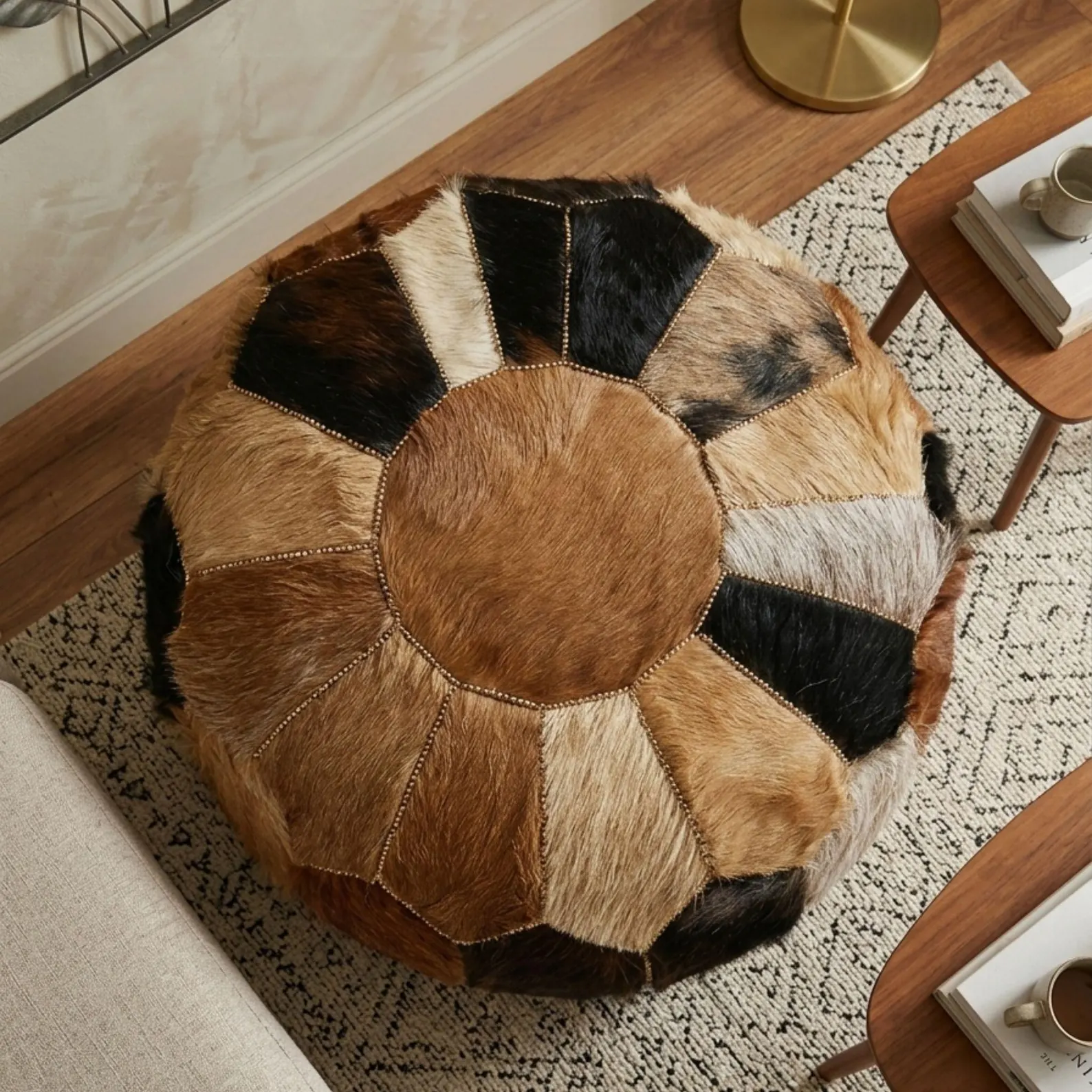 Handmade Round Cowhide Leather Pouf Ottoman - Moroccan Patchwork Floor Pillow - Genuine Hair on Hide Footstool-Rustic Modern Farmhouse Decor