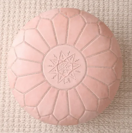 Handmade Moroccan Leather Pouf - Blush Pink Round Floor Ottoman - Genuine Leather Footstool, Boho Nursery Decor & Luxury Seating