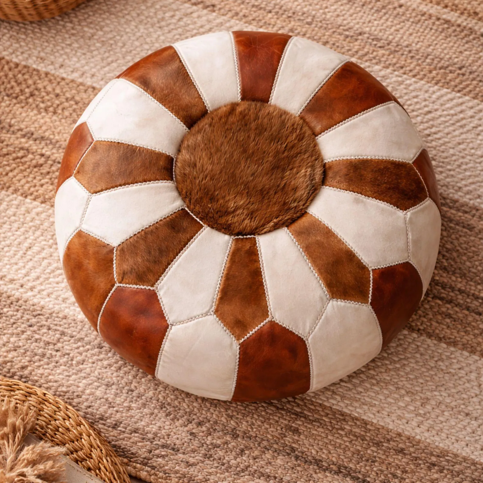 Genuine Cowhide Patchwork Ottoman – Handmade Moroccan Leather Pouf – Round Rustic Footstool & Modern Home Accent