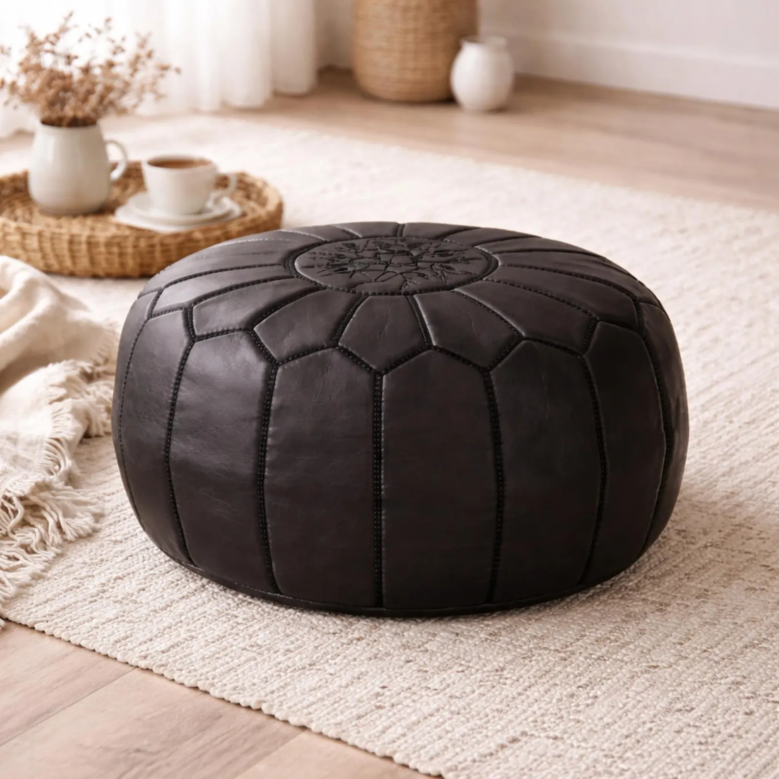 Handmade Round Moroccan Ottoman in Black Genuine Leather – Modern Minimalist Floor Seating and Versatile Home Decor Stylish Footstool