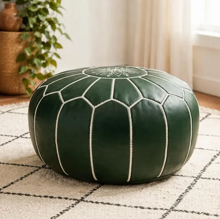 Handmade Green Leather Pouf Ottoman Round Moroccan Floor Seating Footstool Boho Modern Living Room Decor Genuine Leather
