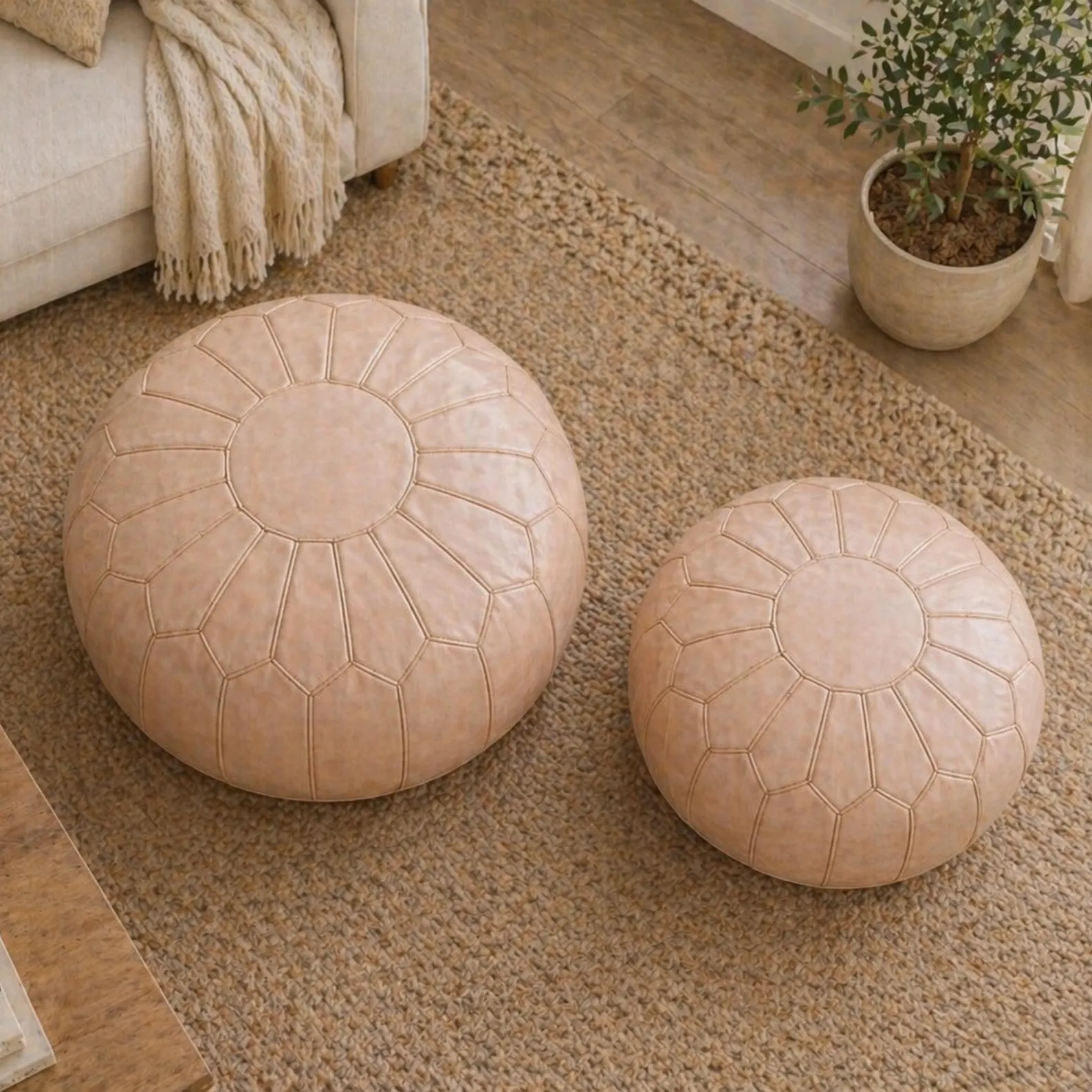 Moroccan Leather Pouf Ottoman, Natural Tan Handmade Footstool, Boho Floor Cushion, Round Ottoman Living Room Decor