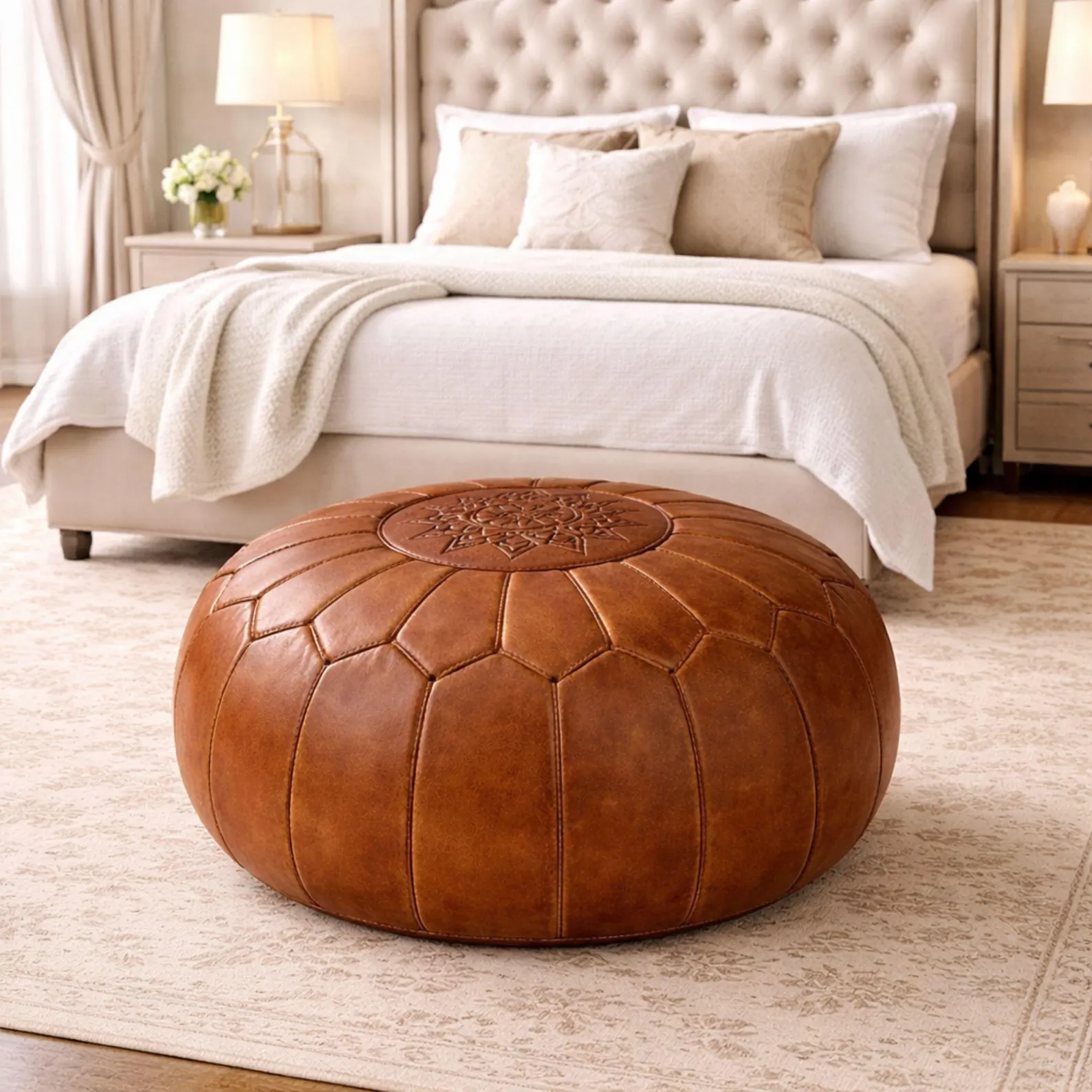 Handcrafted Moroccan Brown Leather Pouf Ottoman – Round Genuine Leather Footstool, Coffee Table & Unstuffed Floor Seating for Living Room