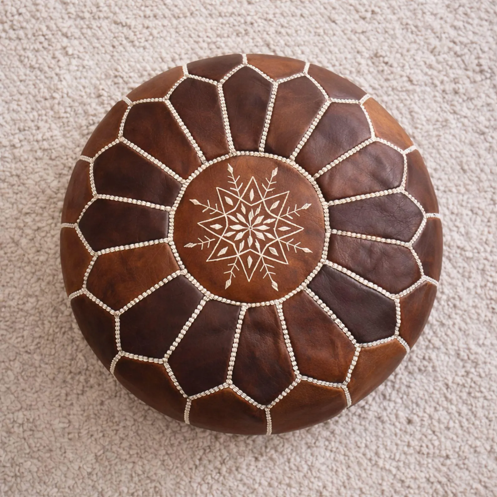 Handmade Moroccan Leather Pouf Ottoman -Brown Genuine Leather Footstool -Round Leather Floor Pillow -Boho Home Decor -Unstuffed Leather Pouf