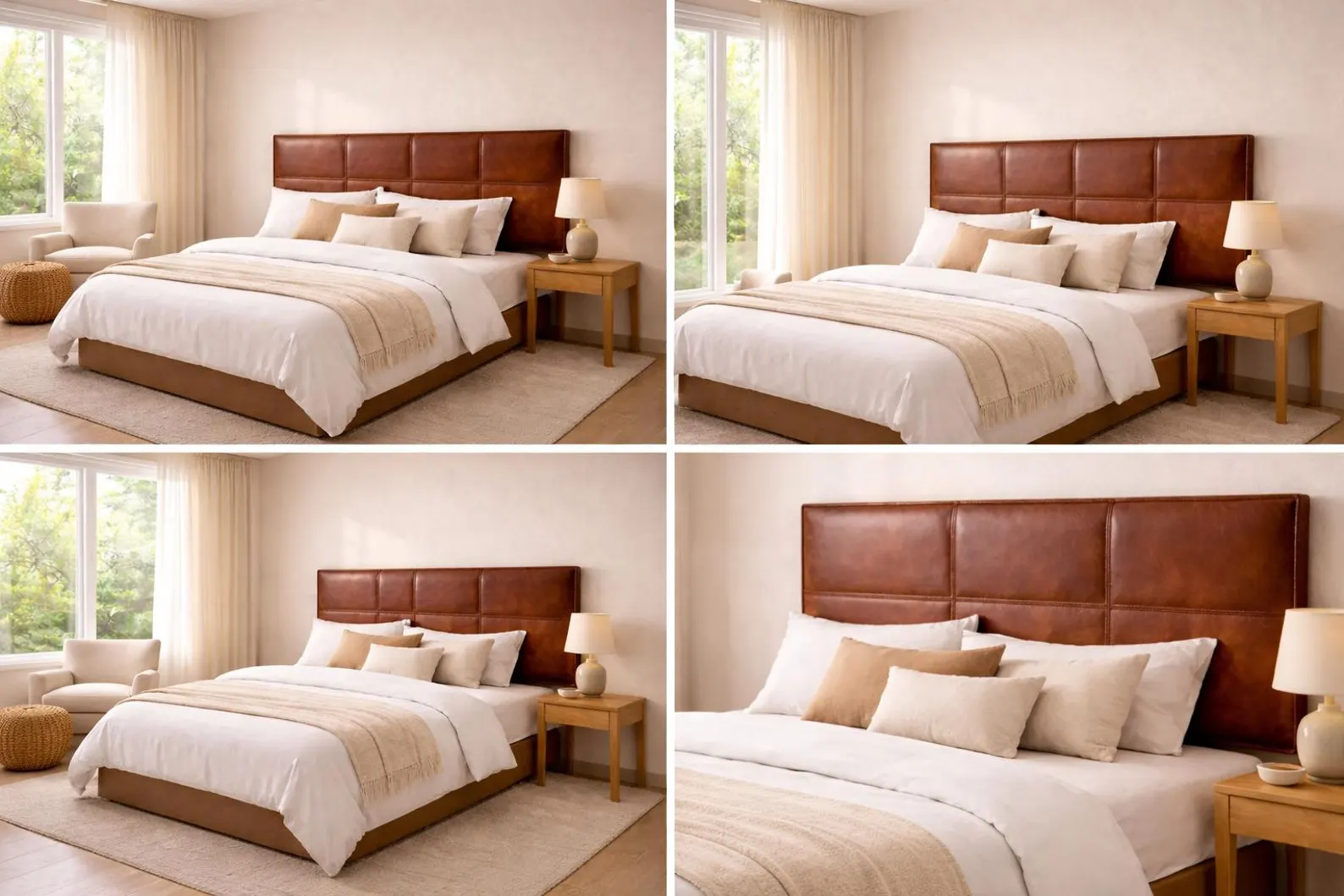 Minimalist Bedroom with Leather Headboard, Neutral Cozy Bedding, Modern Warm Interior Decor