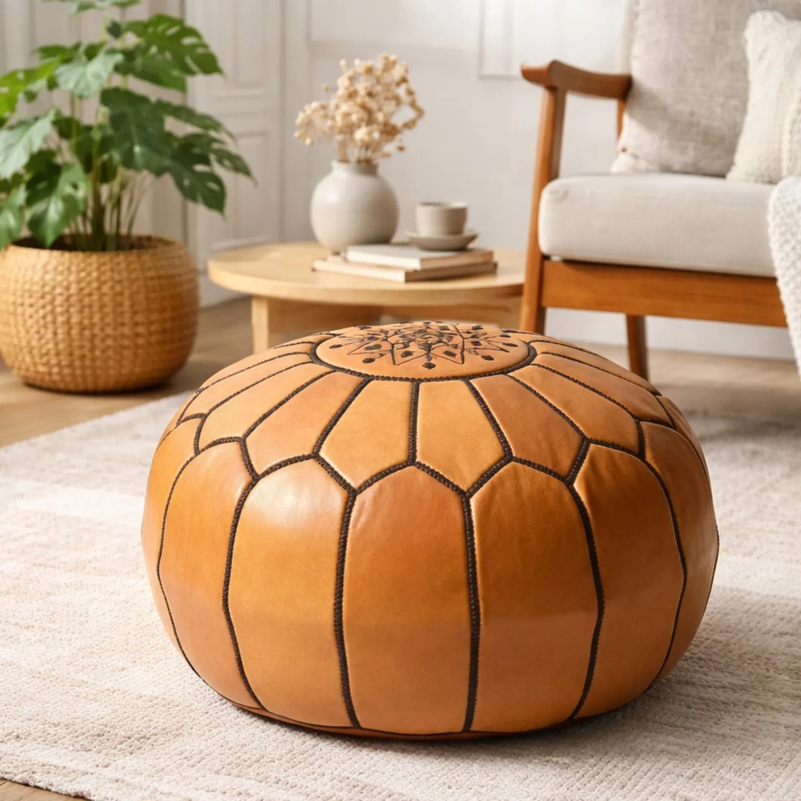 Handmade Moroccan Leather Pouf - Tan Brown Genuine Leather Ottoman - Unstuffed Large Floor Pouf - Moroccan Footstool -Boho Living Room Decor