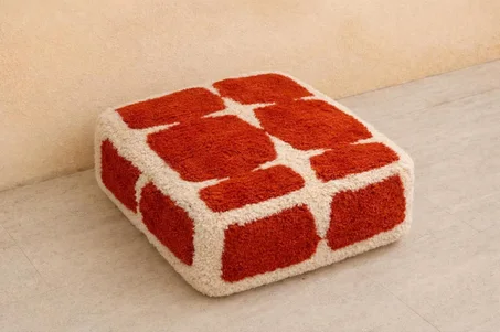 Moroccan Beni Ourain Pouf | Handmade Wool Floor Cushion | Terracotta & Ivory Square Pouf | Boho Ottoman | Berber Pouf Cover