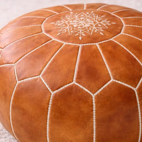 Handmade Brown Leather Pouf Ottoman – Genuine Moroccan Round Floor Seat, Unstuffed Footrest