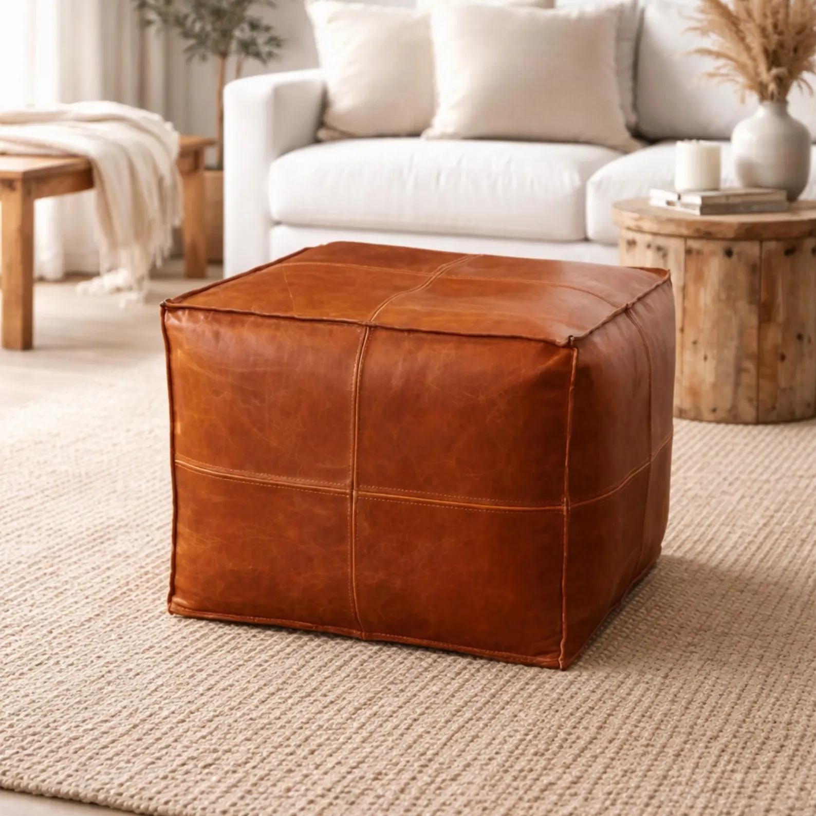 Handmade Moroccan Square Leather Pouf – All Colors – Genuine Leather Ottoman, Footstool & Boho Coffee Table