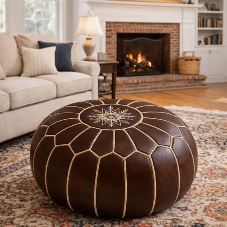 Handmade dark brown Leather Pouf Ottoman Round Moroccan Floor Seating Footstool Boho Modern Living Room Decor Genuine Leather