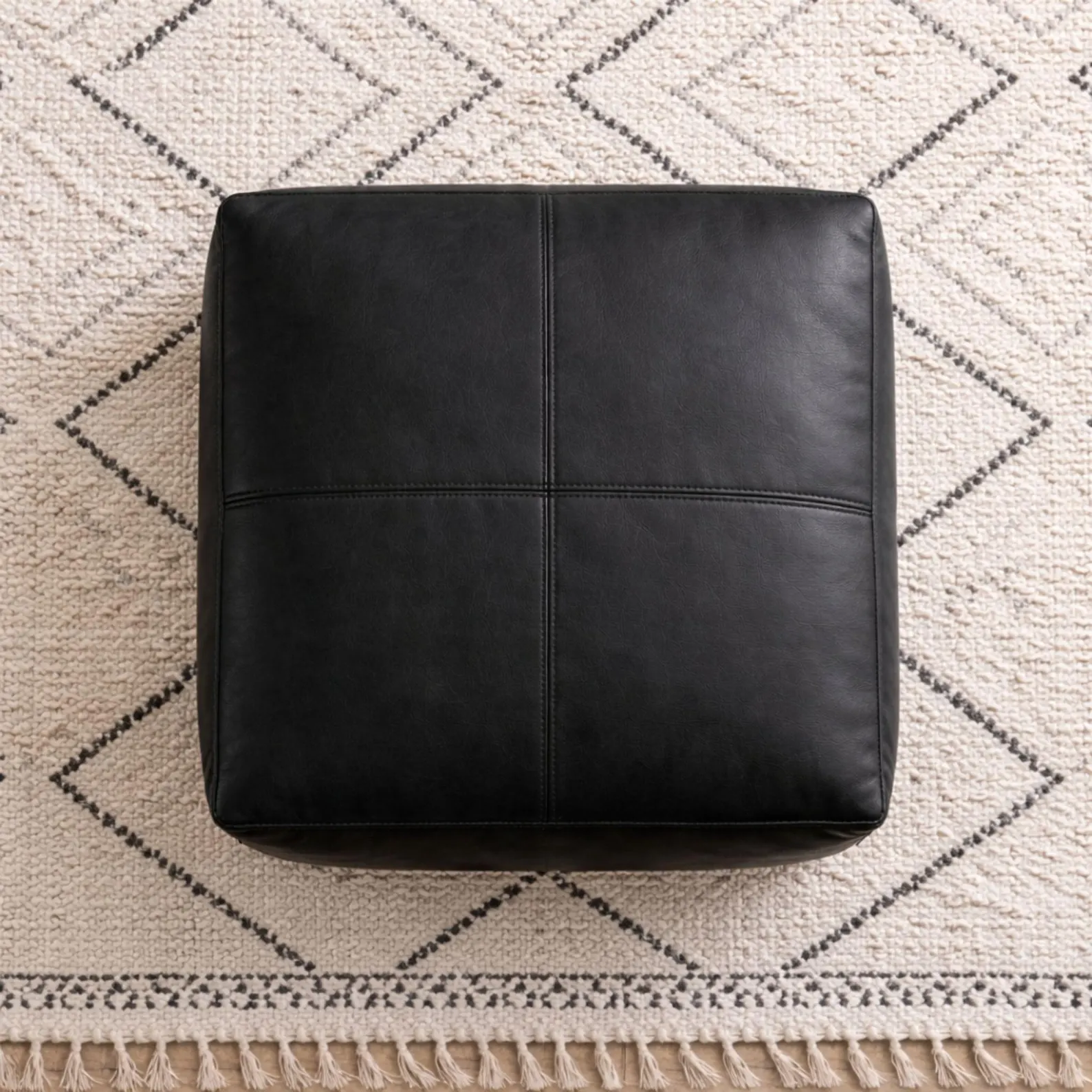 Black Moroccan Leather Pouf Ottoman – Square Handmade Footstool, Genuine Leather Floor Cushion, Boho Living Room Decor, Modern Ottoman Seat