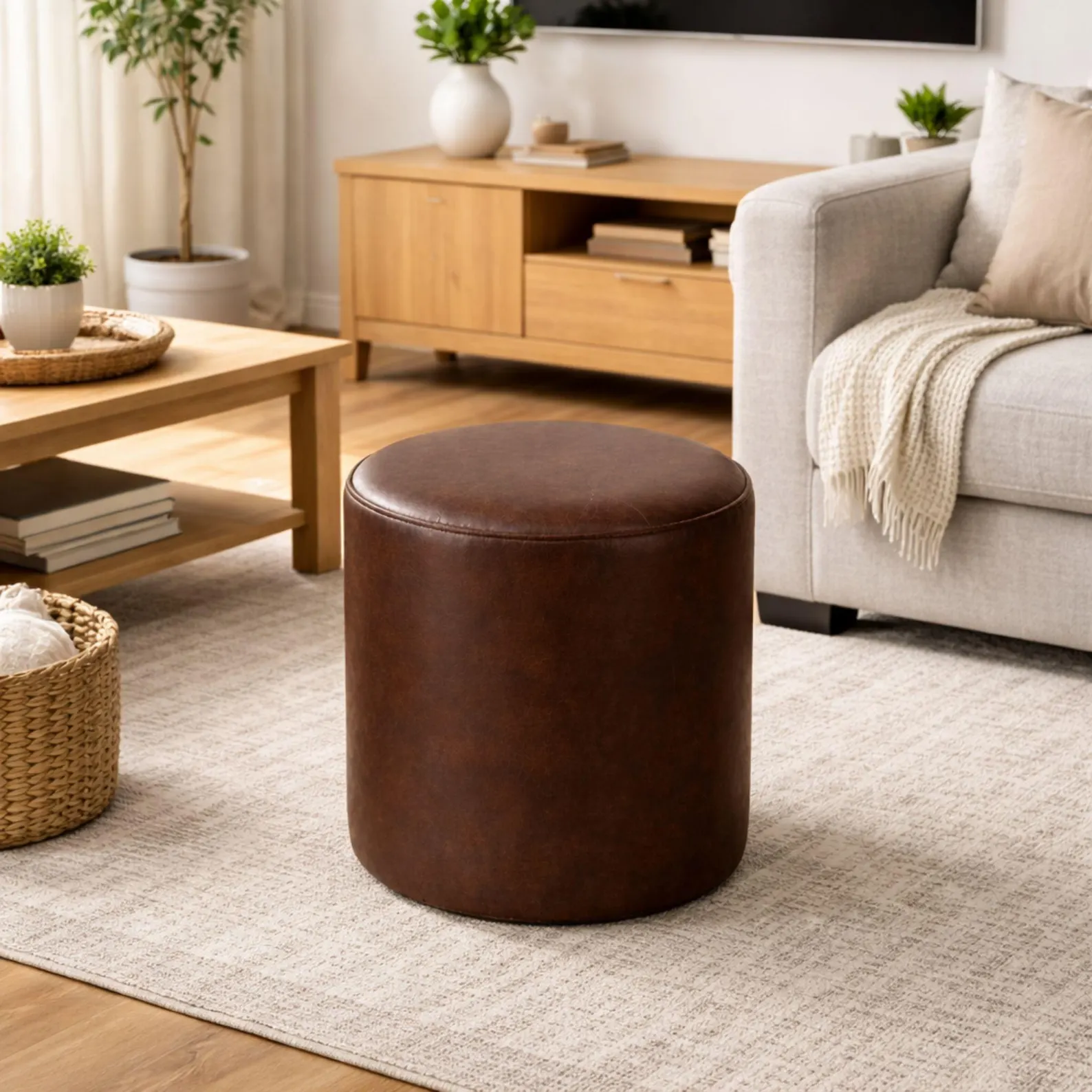 Handmade Moroccan Leather Pouf - Round Dark Brown Ottoman & Footstool - Genuine Leather Unstuffed Cover for Living Room Decor