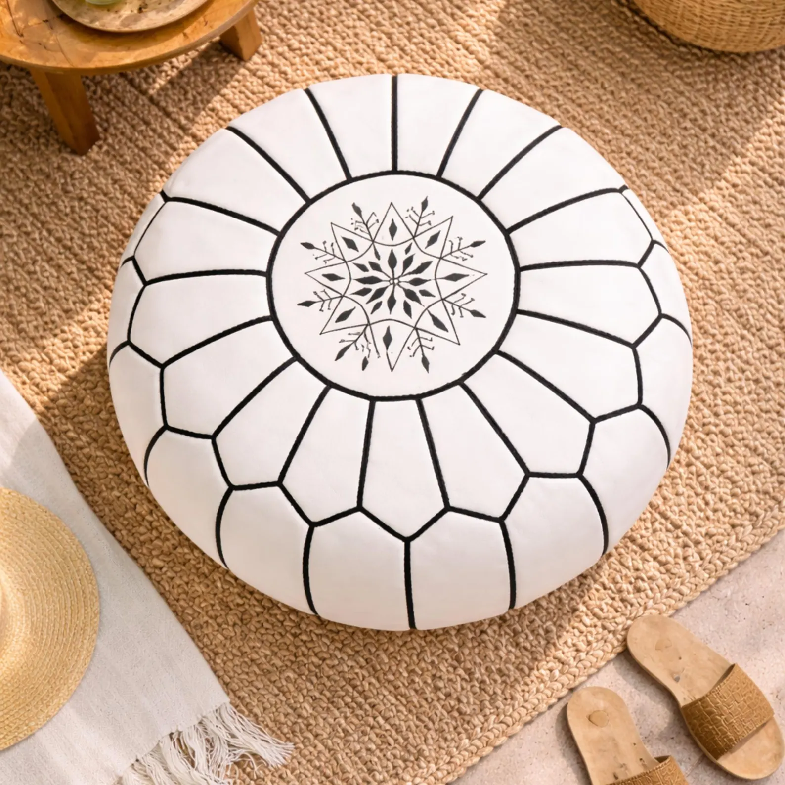 Handmade Round Moroccan White Leather Pouf Ottoman Genuine Leather White Footstool Coffee Table Pouffe Boho Home Decor