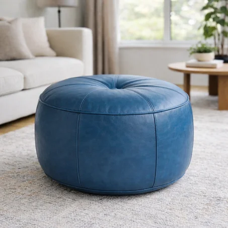 Denim Blue Moroccan Leather Pouf, Handmade Footstool, Boho Home Decor, Genuine Leather Ottoman