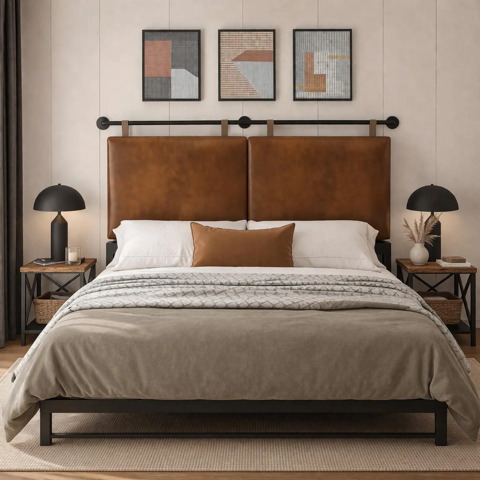 Moroccan Leather Headboard – Wall Mounted, 2 Panel Cognac, Handmade Strap Hanging Bed Headboard