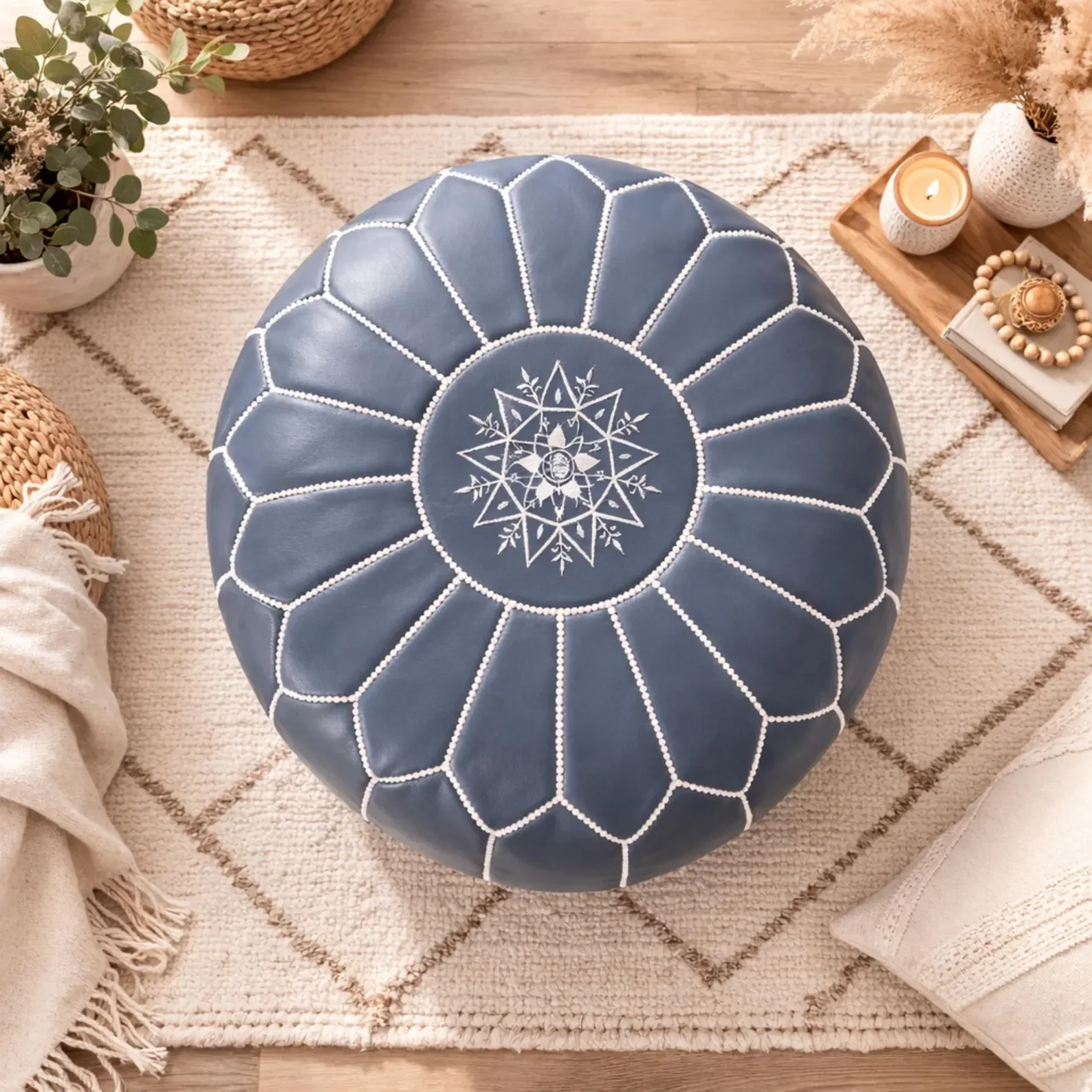 Handmade Round Moroccan gray Leather Pouf Ottoman Cherry gray Genuine Leather Footstool Coffee Table Pouffe Boho Home Decor