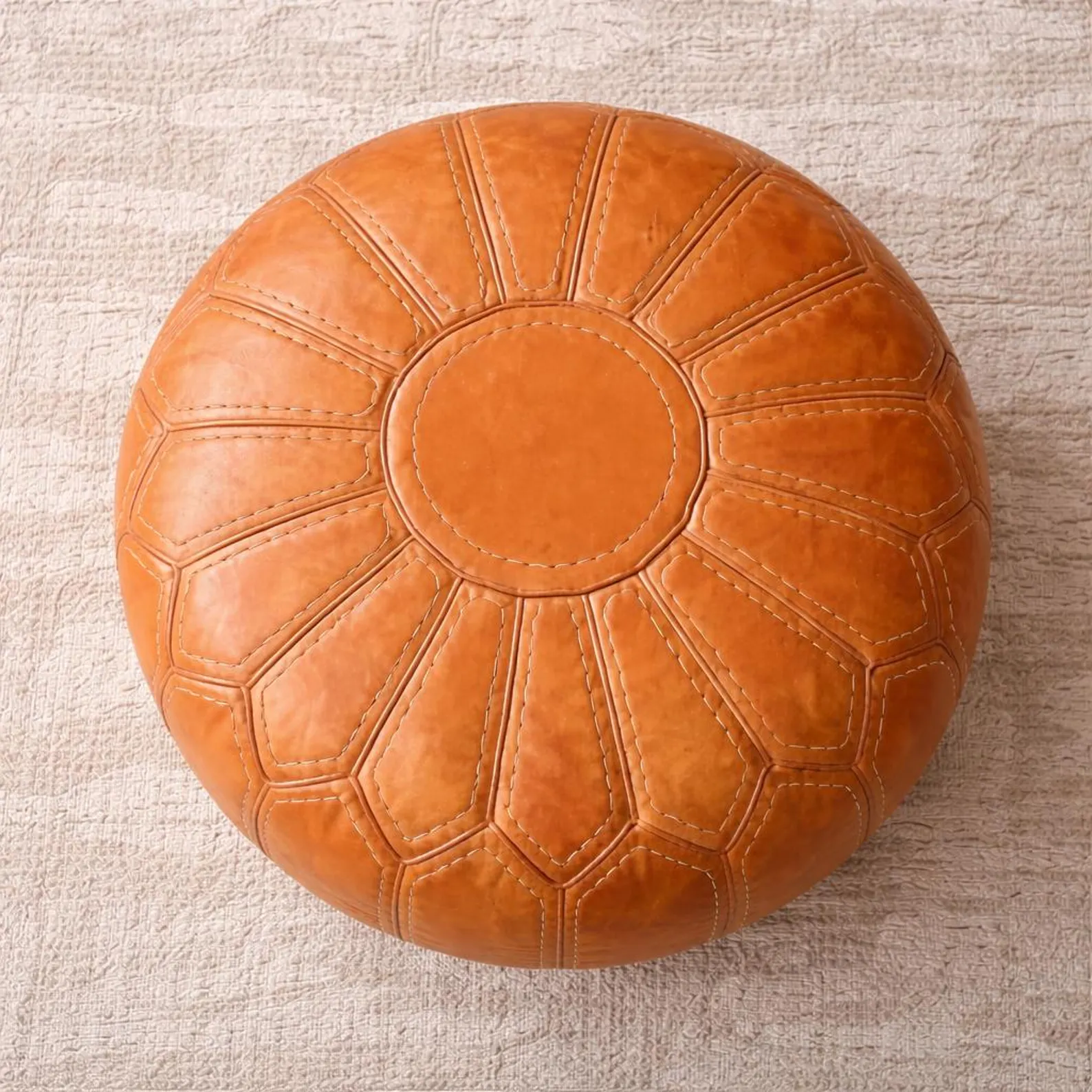 Moroccan Leather Pouf Ottoman, Handmade Tan Leather Footstool, Boho Living Room Decor, Round Ottoman Coffee Table, Home Decor